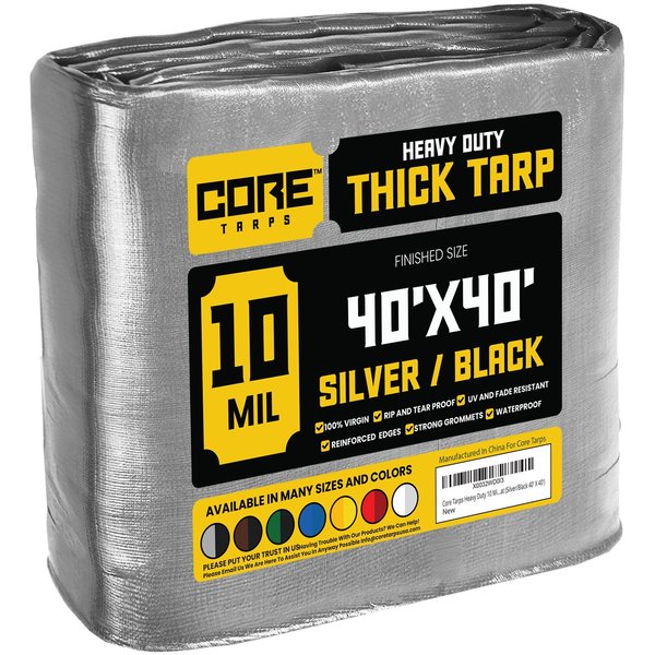 Core Tarps 40 ft L x 0.5 mm H x 40 ft W Heavy Duty 10 Mil Tarp, Silver/Black, Polyethylene CT-601-40X40